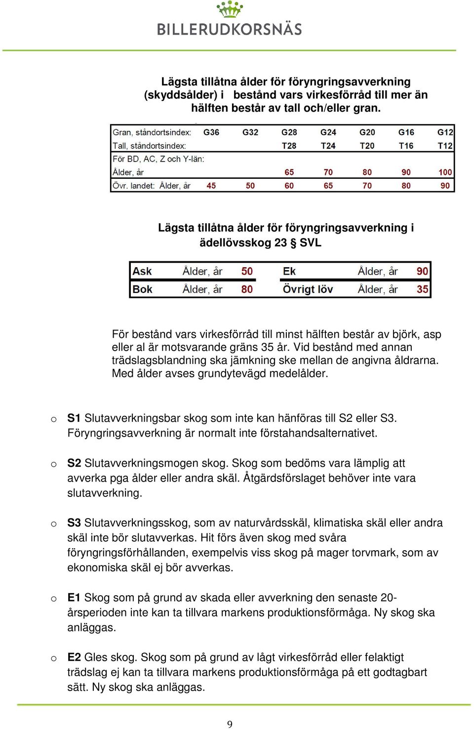 Vid bestånd med annan trädslagsblandning ska jämkning ske mellan de angivna åldrarna. Med ålder avses grundytevägd medelålder. S1 Slutavverkningsbar skg sm inte kan hänföras till S2 eller S3.