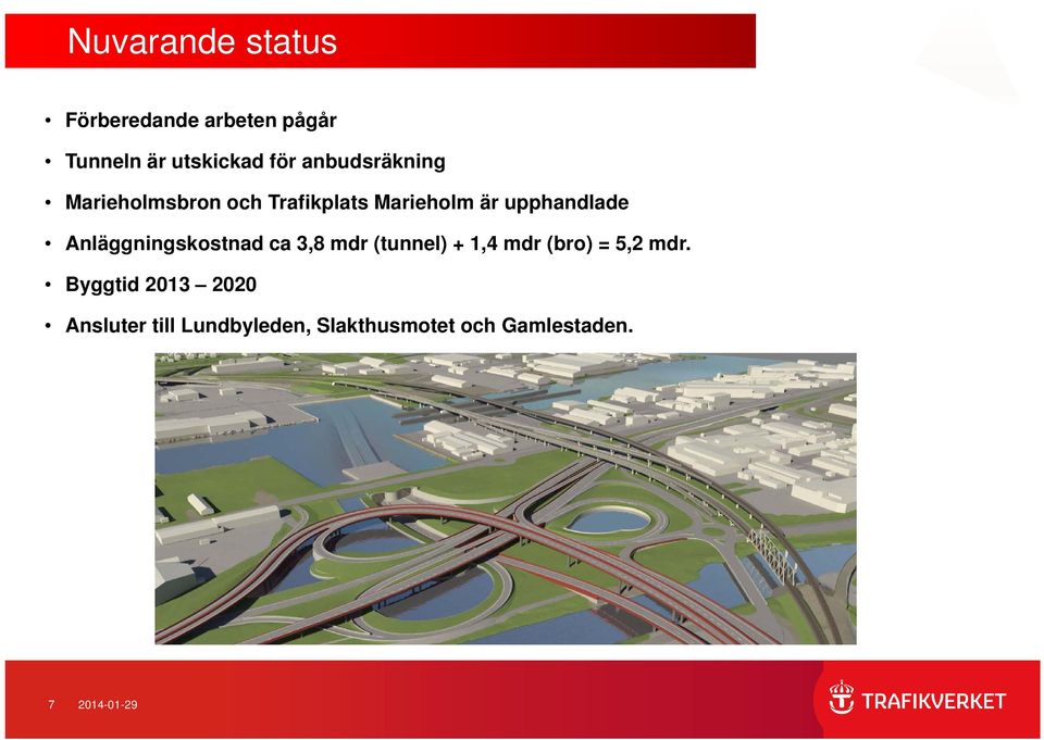 Anläggningskostnad ca 3,8 mdr (tunnel) + 1,4 mdr (bro) = 5,2 mdr.