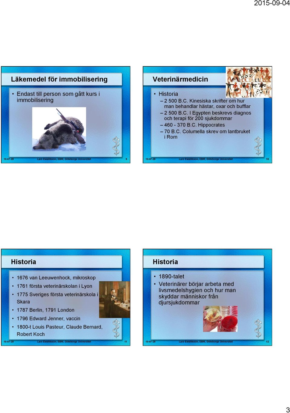 1761 första veterinärskolan i Lyon 1775 Sveriges första veterinärskola i Skara 1787 Berlin, 1791 London 1796 Edward Jenner, vaccin 1800-t Louis Pasteur, Claude Bernard, Robert Koch 1890-talet