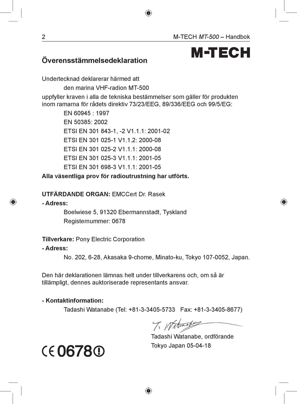 1.1: 2001-05 ETSI EN 301 698-3 V1.1.1: 2001-05 Alla väsentliga prov för radioutrustning har utförts. UTFÄRDANDE ORGAN: EMCCert Dr.