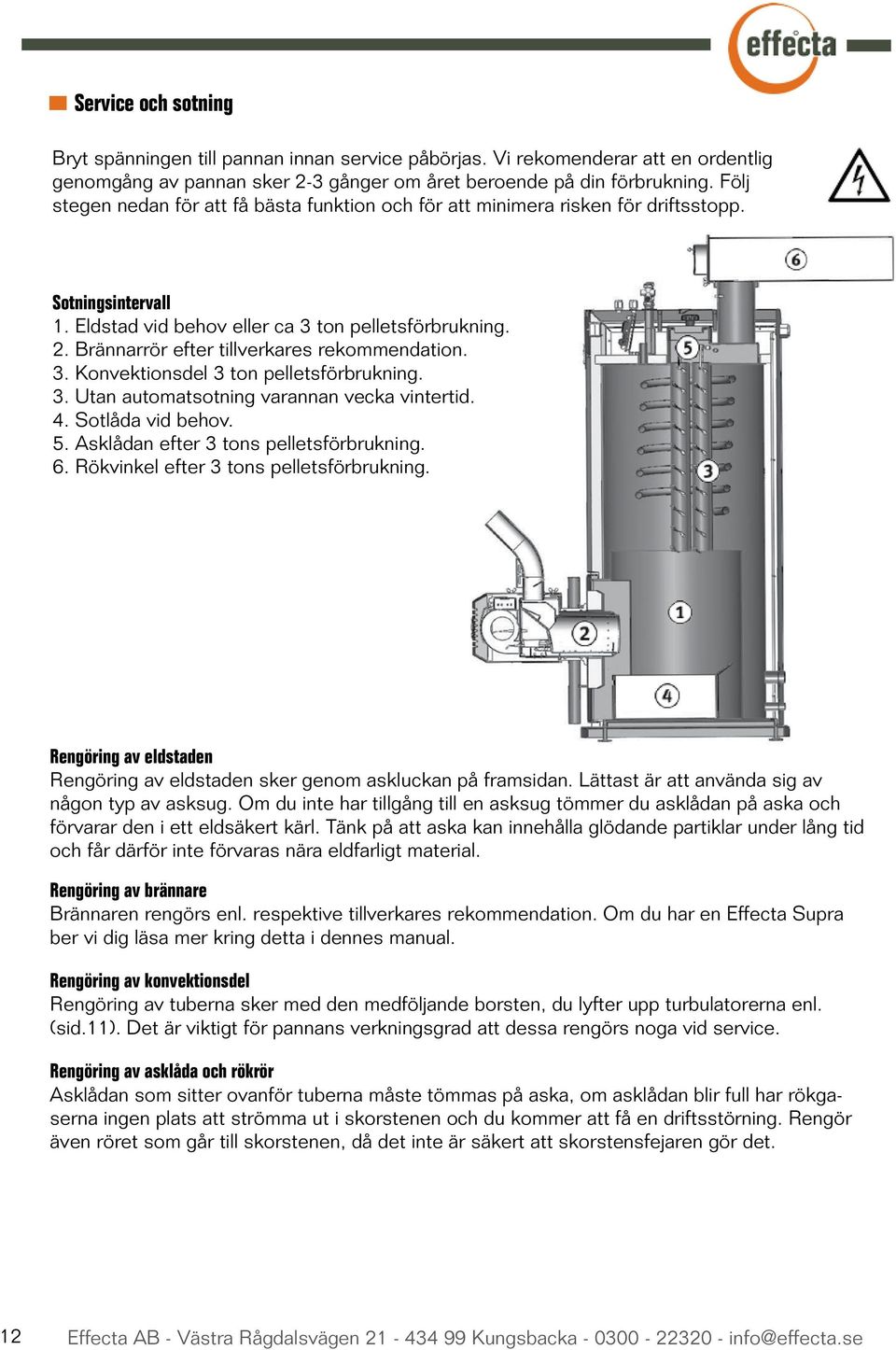 Brännarrör efter tillverkares rekommendation. 3. Konvektionsdel 3 ton pelletsförbrukning. 3. Utan automatsotning varannan vecka vintertid. 4. Sotlåda vid behov. 5.