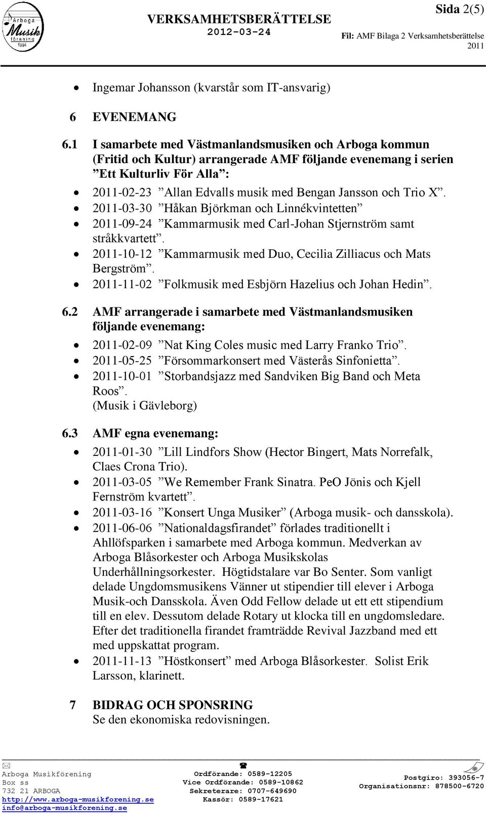 X. -03-30 Håkan Björkman och Linnékvintetten -09-24 Kammarmusik med Carl-Johan Stjernström samt stråkkvartett. -10-12 Kammarmusik med Duo, Cecilia Zilliacus och Mats Bergström.