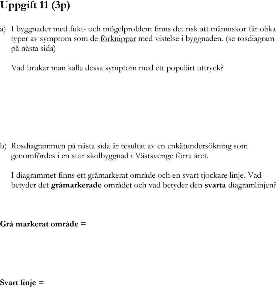 b) Rosdiagrammen på nästa sida är resultat av en enkätundersökning som genomfördes i en stor skolbyggnad i Västsverige förra året.