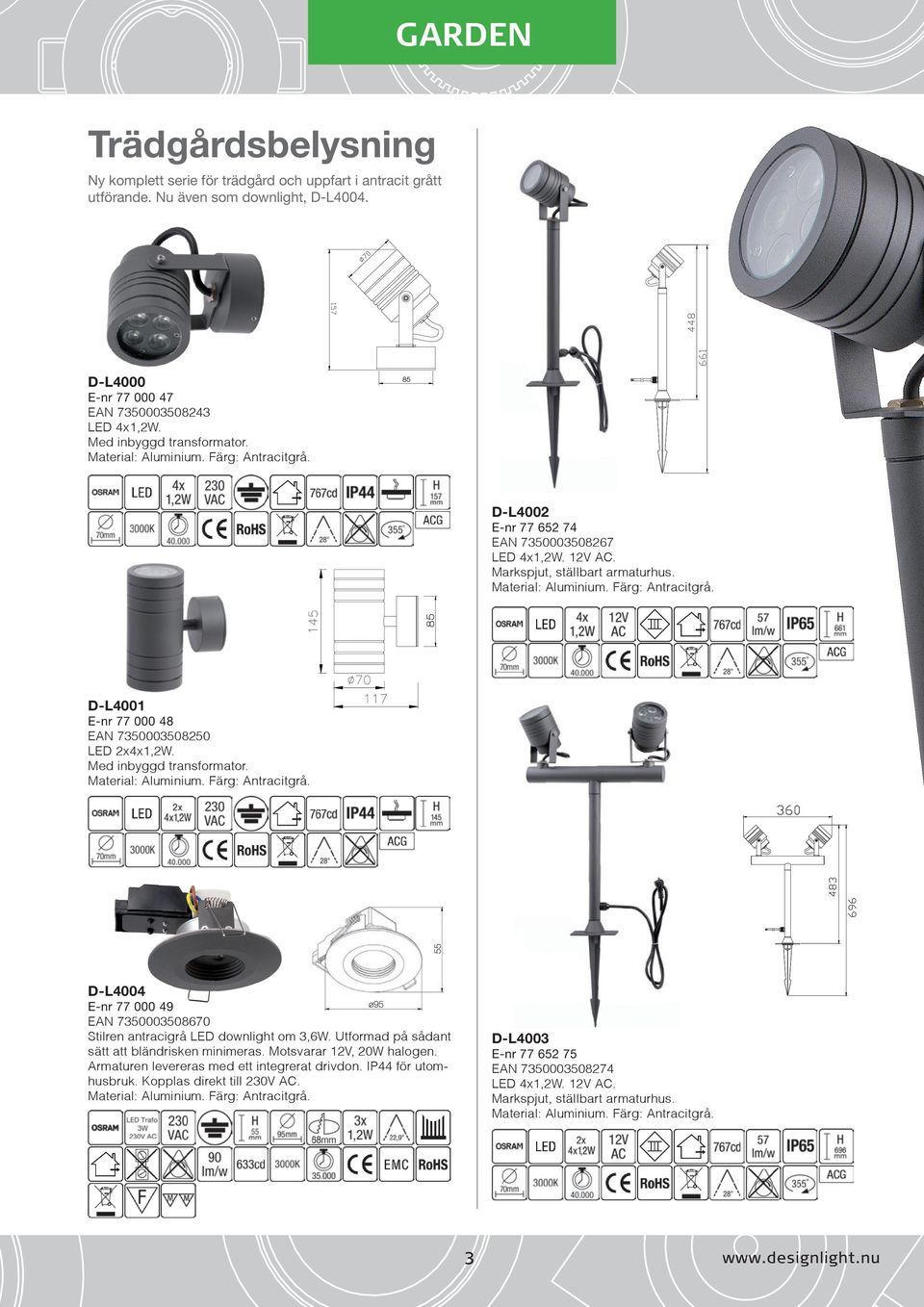 Med inbyggd transformator. Material: Aluminium. Färg: Antracitgrå. D-L4004 E-nr 77 000 49 EAN 7350003508670 Stilren antracigrå LED downlight om 3,6W. Utformad på sådant sätt att bländrisken minimeras.