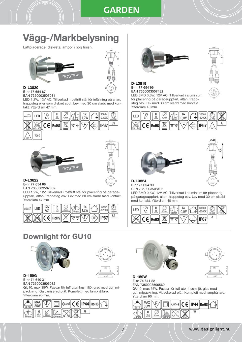 Tillverkad i aluminium för placering på garageuppfart, altan, trappsteg osv. Lev med 30 cm sladd med kontakt. Ytterdiam 40 mm. D-L3822 E-nr 77 654 88 EAN 7350003507062 LED 1,2W, 12V.