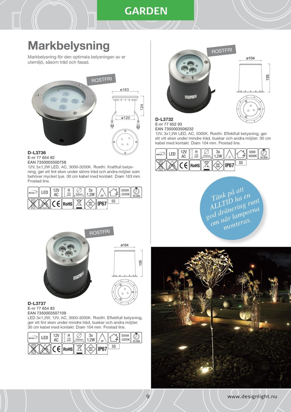 D-L3736 E-nr 77 654 82 EAN 7350003500758 12V, 5x1,2W LED, AC, 3000-3200K. Rostfri. Kraftfull belysning, ger ett fint sken under större träd och andra miljöer som behöver mycket ljus.