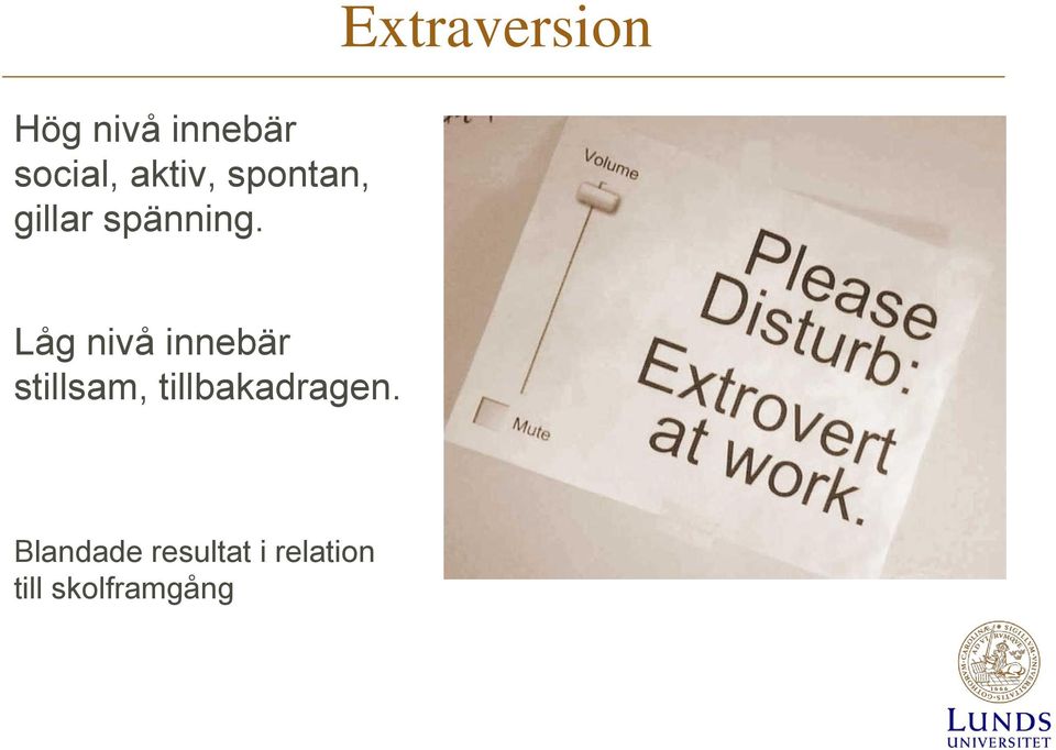 Extraversion Låg nivå innebär stillsam,