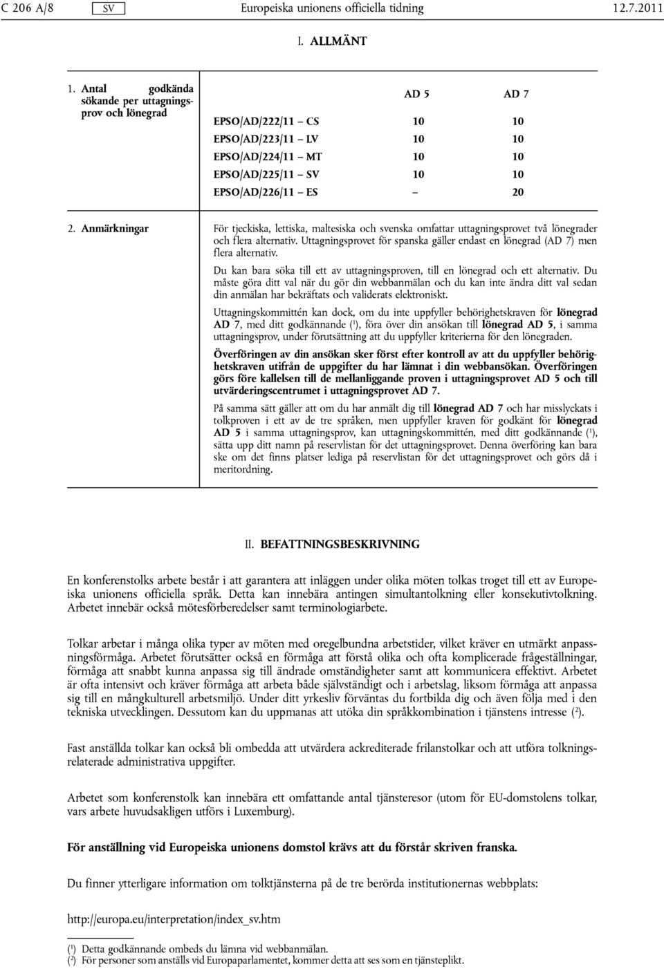 Anmärkningar För tjeckiska, lettiska, maltesiska och svenska omfattar uttagningsprovet två lönegrader och flera alternativ.