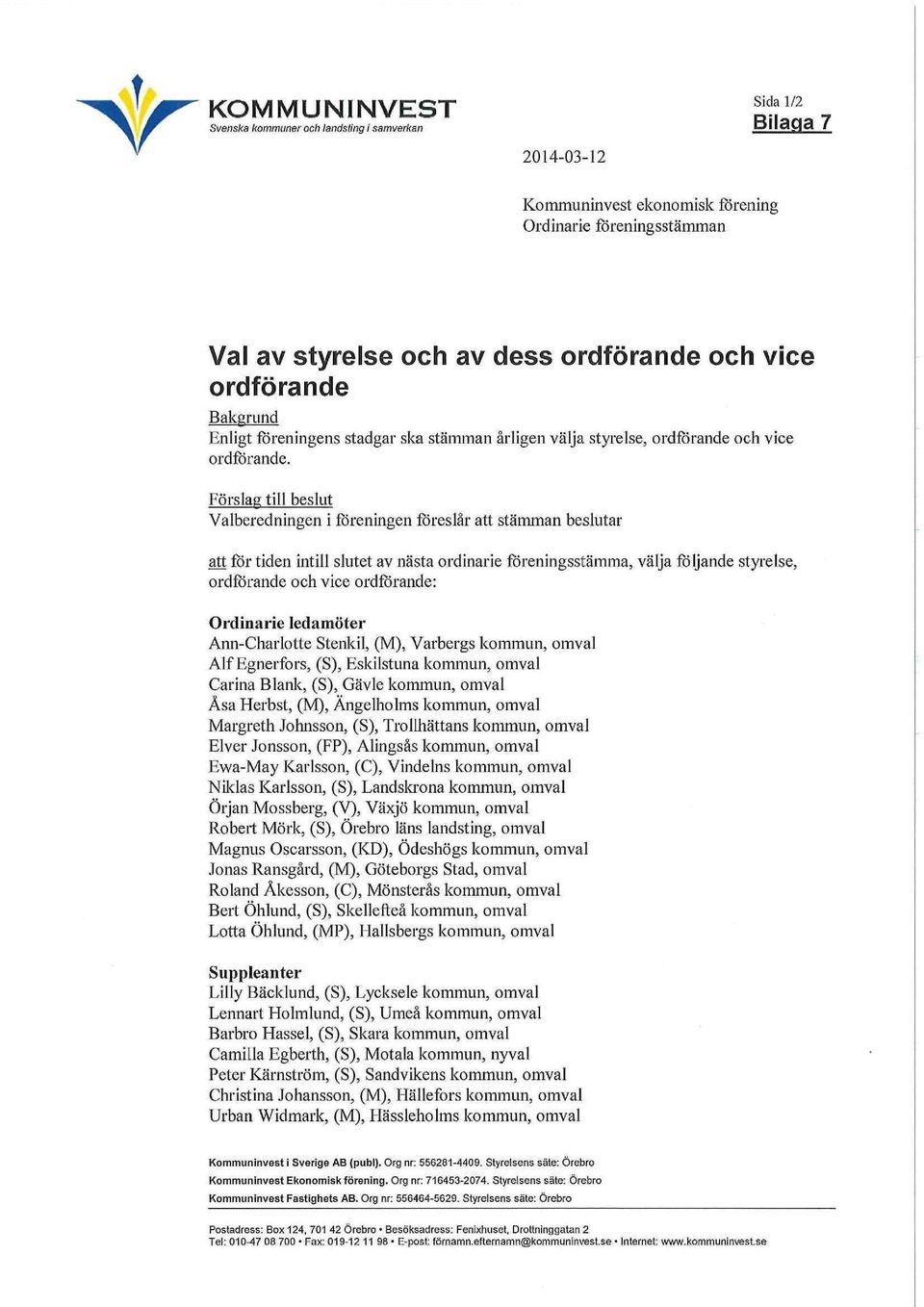 Förslag till beslut Valberedningen i föreningen föreslår att stämman beslutar att för tiden intill slutet av nästa ordinarie föreningsstämma, välja följande styi'else, ordförande och vice ordförande: