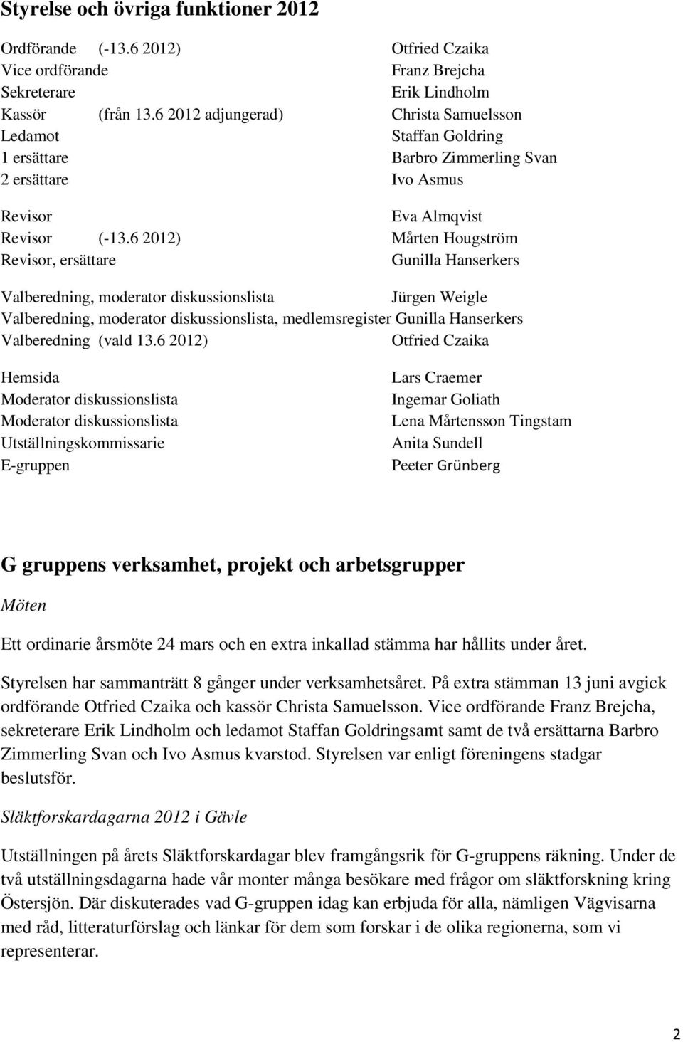 6 2012) Mårten Hougström Revisor, ersättare Gunilla Hanserkers Valberedning, moderator diskussionslista Jürgen Weigle Valberedning, moderator diskussionslista, medlemsregister Gunilla Hanserkers