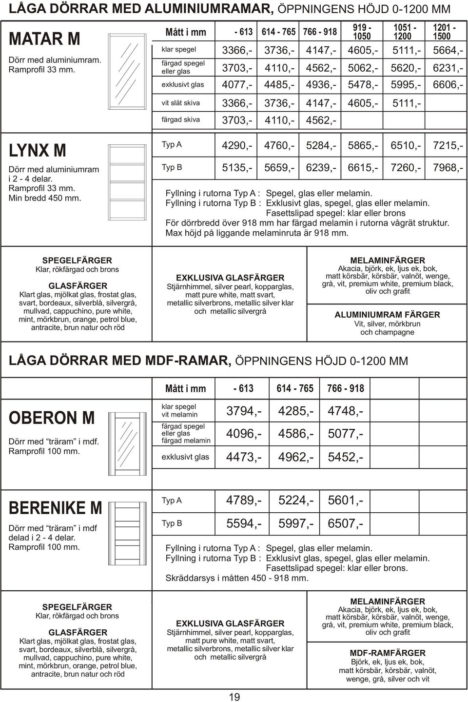 6606,- slät skiva färgad skiva 3366,- 3736,- 4147,- 4605,- 5111,- 3703,- 4110,- 4562,- LYNX M Dörr med aluminiumram i 2-4 delar. Ramprofil 33 mm. Min bredd 450 mm.