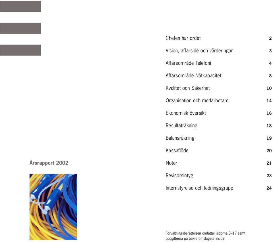 Resultaträkning 18 Balansräkning 19 Kassaflöde 20 Årsrapport 2002 Noter 21 Revisorsintyg 23