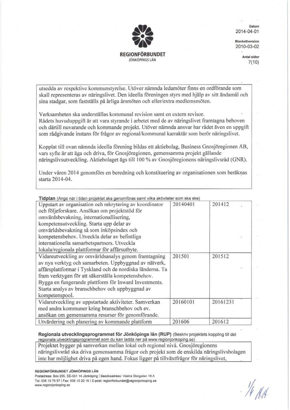 Verksamheten ska underställas kmmunal revisin samt en extern revisr. Rådets huvuduppgift är att vara styrande i arbetet med de av näringslivet framtagna behven ch därtill nuvarande ch kmmande prjekt.