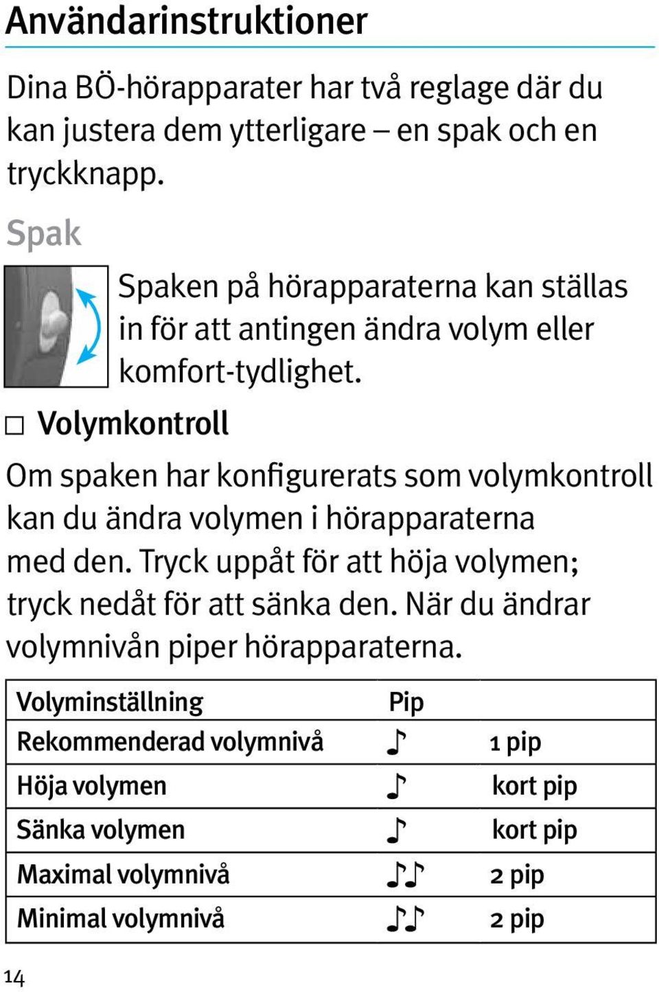 Volymkontroll Om spaken har konfigurerats som volymkontroll kan du ändra volymen i hörapparaterna med den.