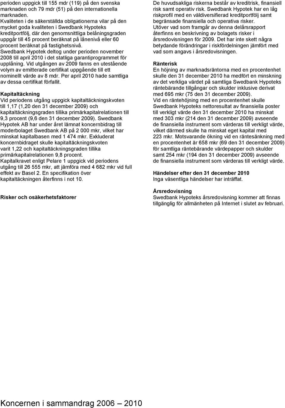 eller 60 procent beräknat på fastighetsnivå. Swedbank Hypotek deltog under perioden november 2008 till april 2010 i det statliga garantiprogrammet för upplåning.