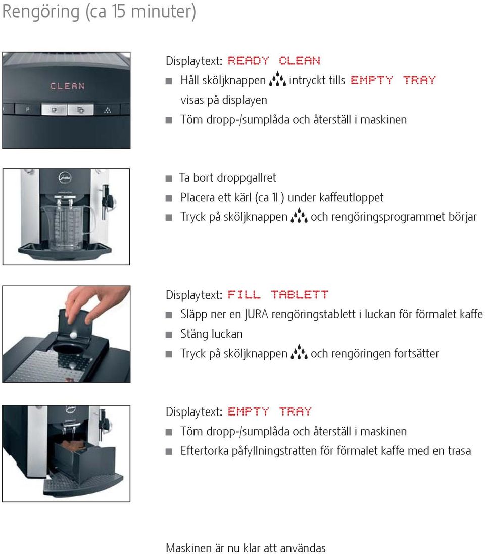 Displaytext: FILL TABLETT Släpp ner en JURA rengöringstablett i luckan för förmalet kaffe Stäng luckan Tryck på