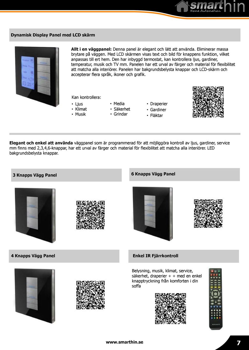 Panelen har ett urval av färger och material för flexibilitet att matcha alla interiörer. Panelen har bakgrundsbelysta knappar och LCD-skärm och accepterar flera språk, ikoner och grafik.