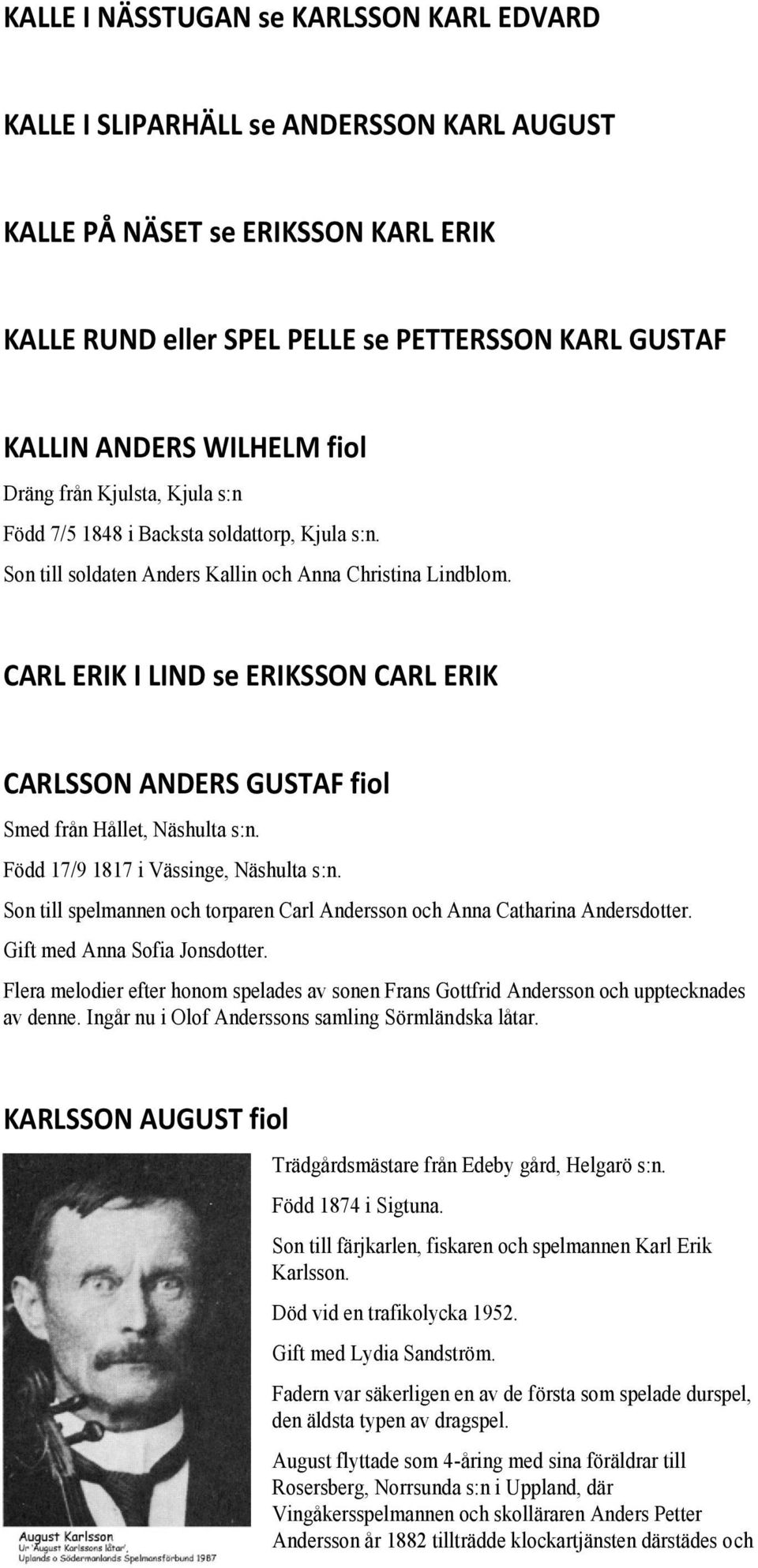 CARL ERIK I LIND se ERIKSSON CARL ERIK CARLSSON ANDERS GUSTAF fiol Smed från Hållet, Näshulta s:n. Född 17/9 1817 i Vässinge, Näshulta s:n.