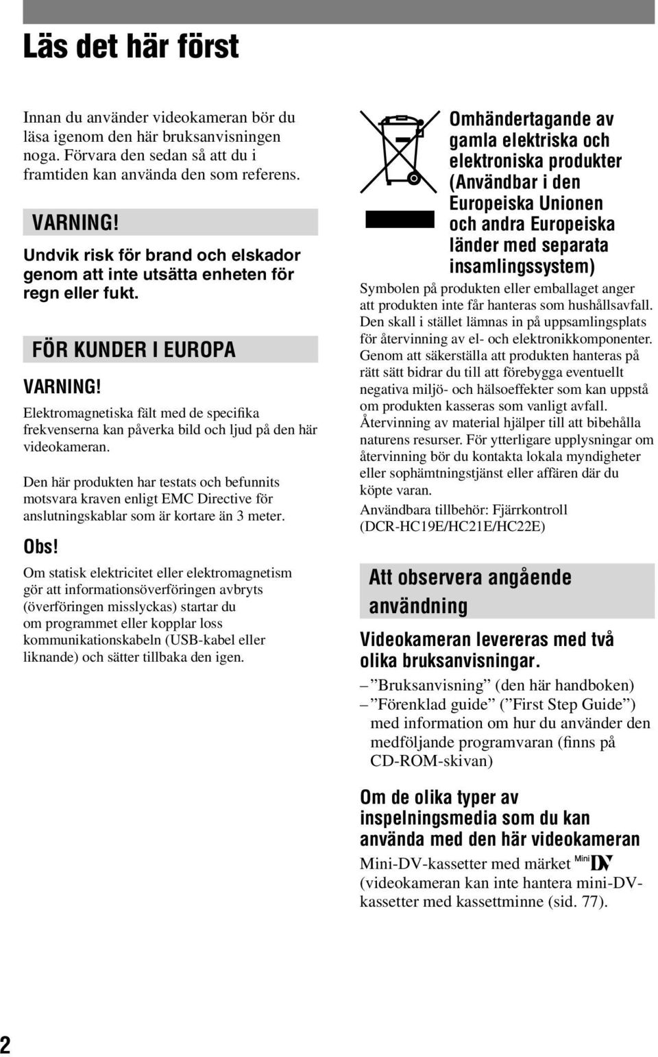 Elektromagnetiska fält med de specifika frekvenserna kan påverka bild och ljud på den här videokameran.