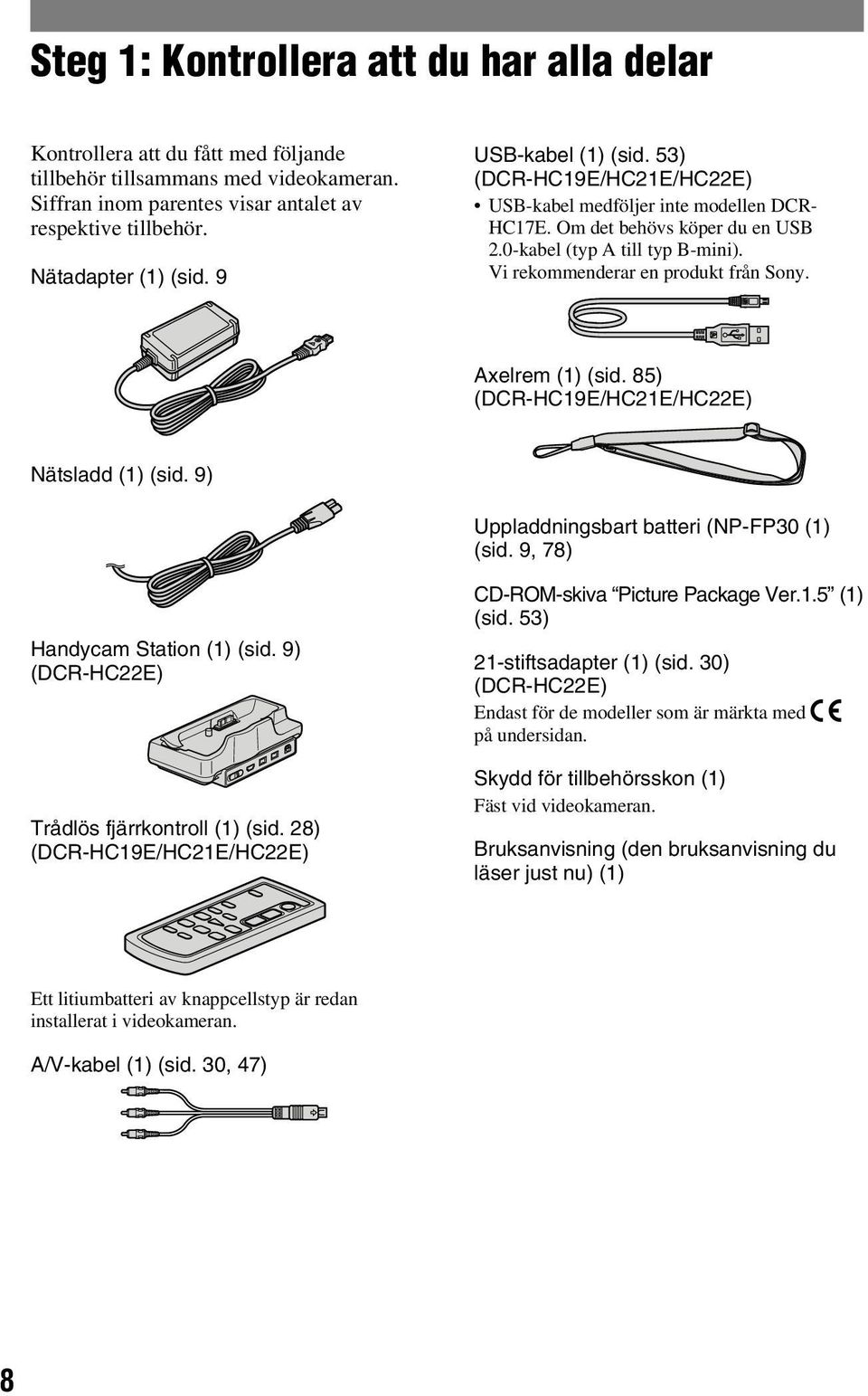 Axelrem (1) (sid. 85) (DCR-HC19E/HC21E/HC22E) Nätsladd (1) (sid. 9) Uppladdningsbart batteri (NP-FP30 (1) (sid. 9, 78) Handycam Station (1) (sid. 9) (DCR-HC22E) Trådlös fjärrkontroll (1) (sid.