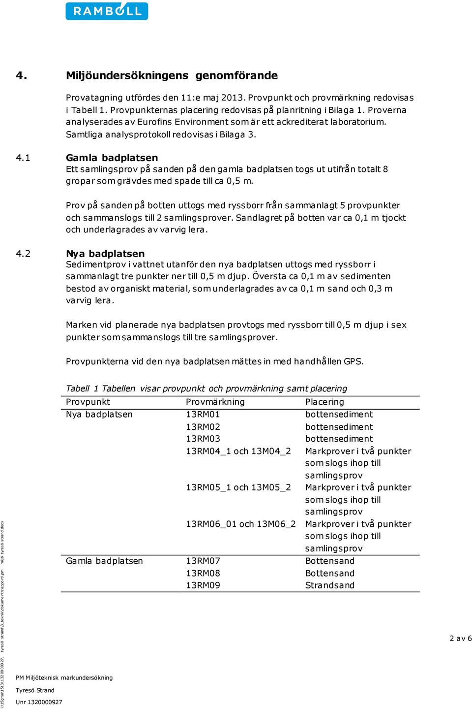 Samtliga analysprotokoll redovisas i Bilaga 3. 4.1 Gamla badplatsen Ett samlingsprov på sanden på den gamla badplatsen togs ut utifrån totalt 8 gropar som grävdes med spade till ca 0,5 m.