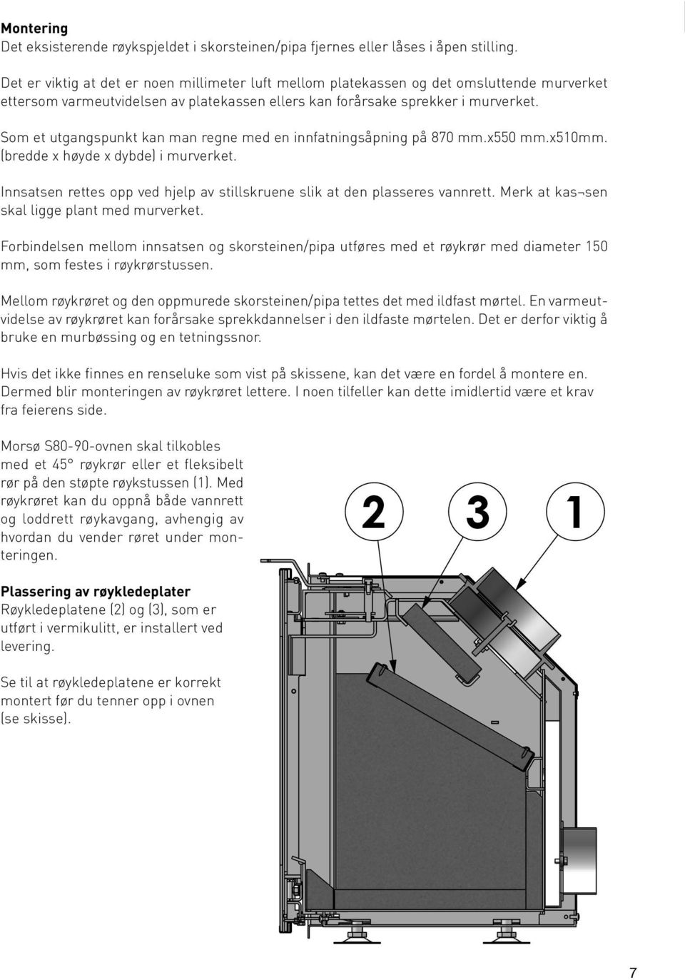 Som et utgangspunkt kan man regne med en innfatningsåpning på 870 mm.x550 mm.x510mm. (bredde x høyde x dybde) i murverket.