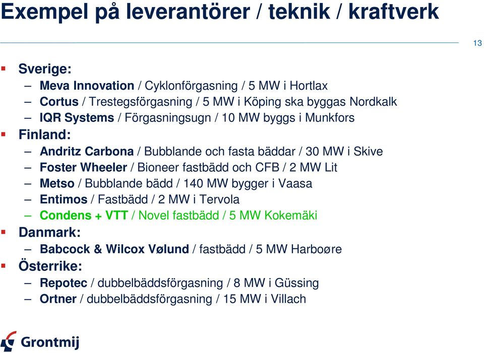 Bioneer fastbädd och CFB / 2 MW Lit Metso / Bubblande bädd / 140 MW bygger i Vaasa Entimos / Fastbädd / 2 MW i Tervola Condens + VTT / Novel fastbädd / 5 MW