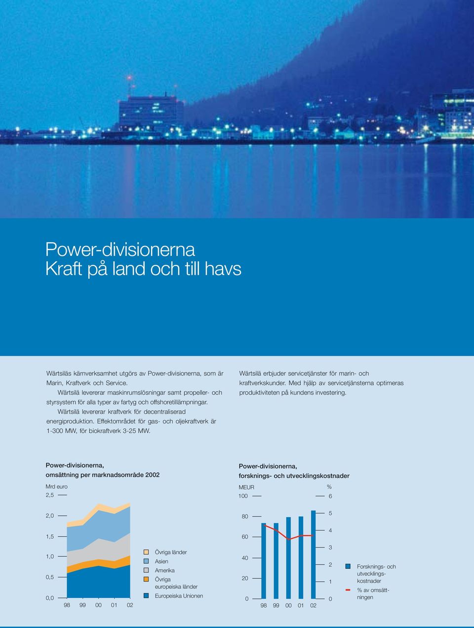 Effektområdet för gas- och oljekraftverk är 1-300 MW, för biokraftverk 3-25 MW. Wärtsilä erbjuder servicetjänster för marin- och kraftverkskunder.