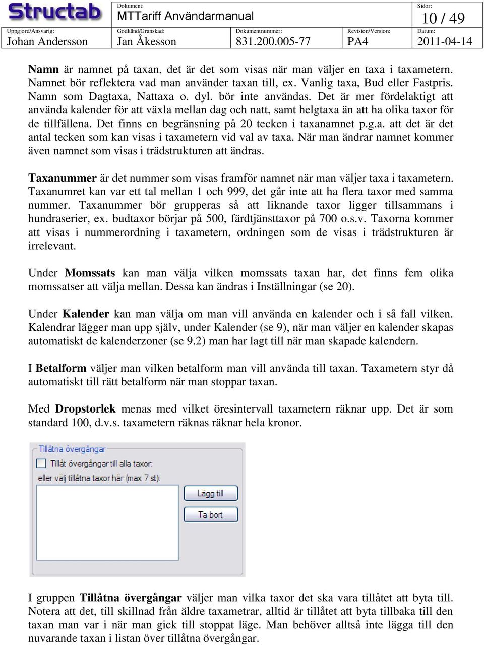 Det finns en begränsning på 20 tecken i taxanamnet p.g.a. att det är det antal tecken som kan visas i taxametern vid val av taxa.