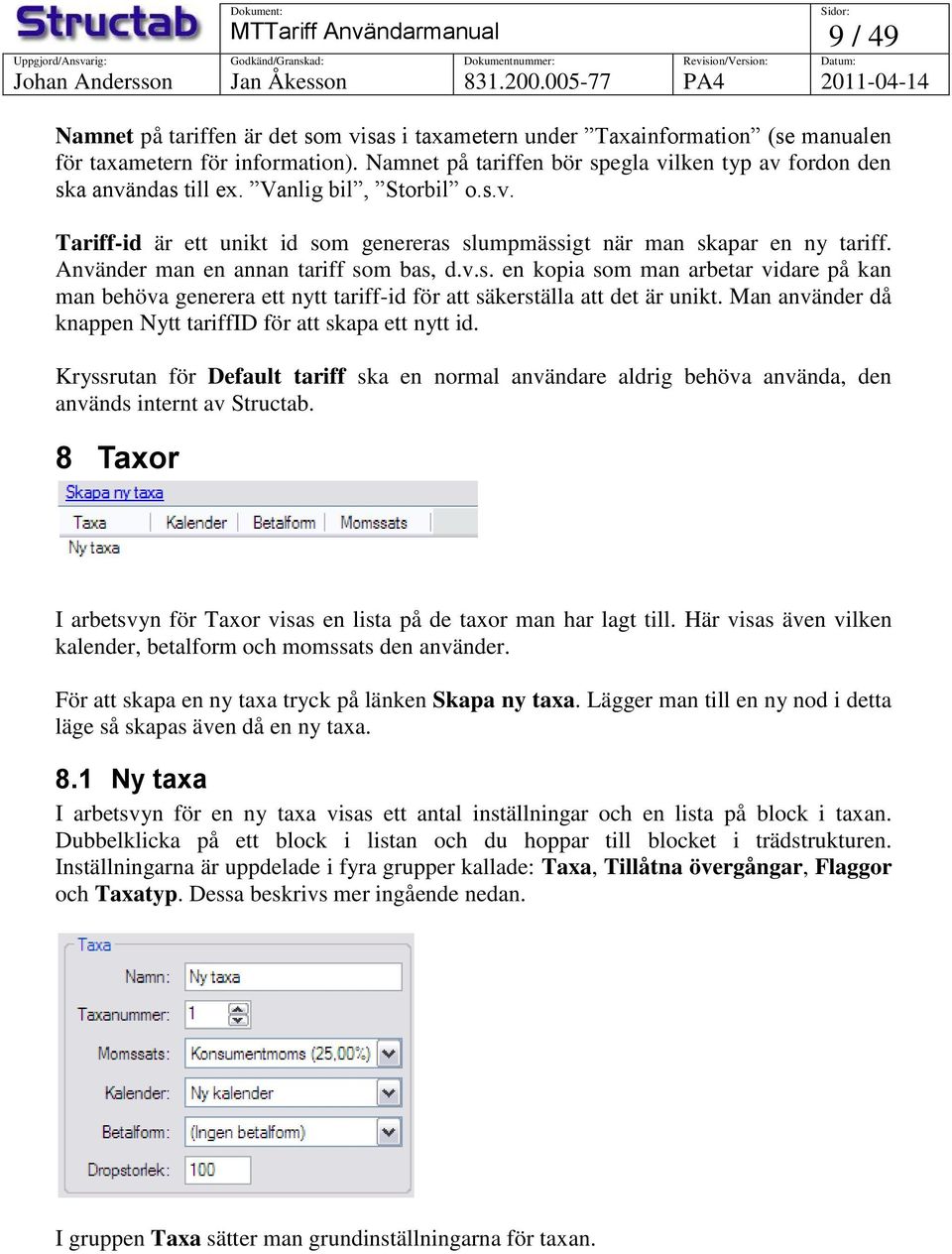 Man använder då knappen Nytt tariffid för att skapa ett nytt id. Kryssrutan för Default tariff ska en normal användare aldrig behöva använda, den används internt av Structab.