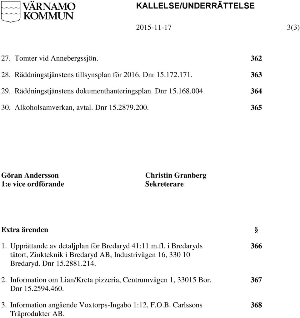 365 Göran Andersson Christin Granberg 1:e vice ordförande Sekreterare Extra ärenden 1. Upprättande av detaljplan för Bredaryd 41:11 m.fl.