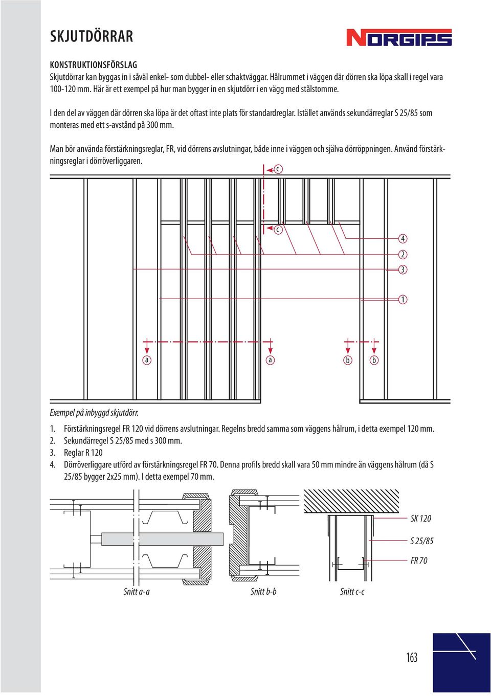 Istället används sekundärreglar S 25/85 som monteras med ett s-avstånd på 300 mm. Man bör använda förstärkningsreglar, FR, vid dörrens avslutningar, både inne i väggen och själva dörröppningen.