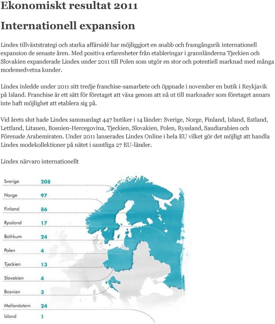 Lindex inledde under 2011 sitt tredje franchise-samarbete och öppnade i november en butik i Reykjavik på Island.