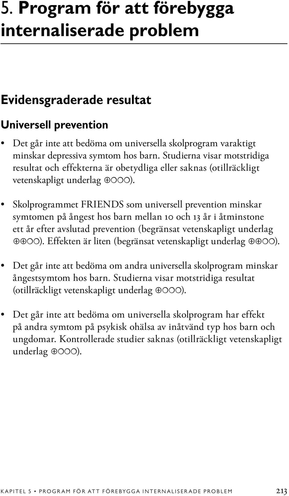 Skolprogrammet FRIENDS som universell prevention minskar symtomen på ångest hos barn mellan 10 och 13 år i åtminstone ett år efter avslutad prevention (begränsat vetenskapligt underlag ).