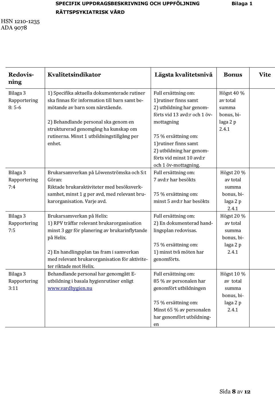 Full ersättning om: 1)rutiner finns samt 2) utbildning har genomförts vid 13 avd:r och 1 övmottagning 75 % ersättning om: 1)rutiner finns samt 2) utbildning har genomförts vid minst 10 avd:r och 1