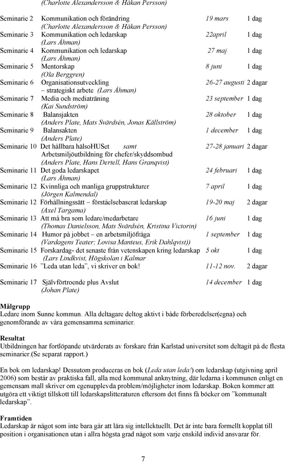 arbete (Lars Åhman) Seminarie 7 Media och mediaträning 23 september 1 dag (Kai Sundström) Seminarie 8 Balansjakten 28 oktober 1 dag (Anders Plate, Mats Svärdsén, Jonas Källström) Seminarie 9
