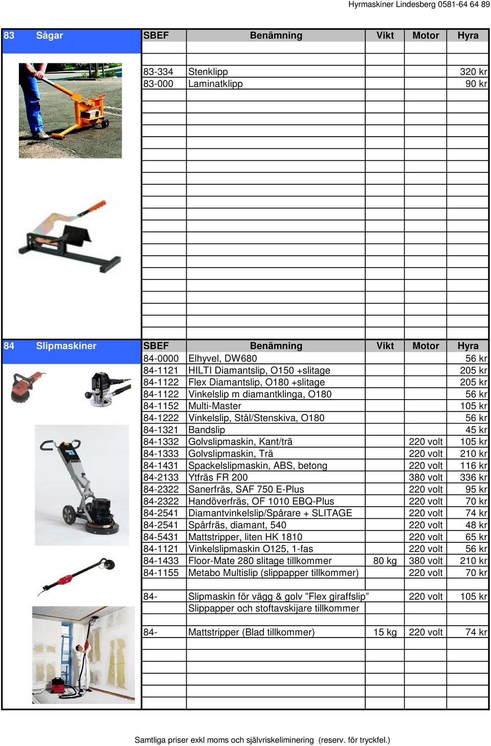 Bandslip 45 kr 84-1332 Golvslipmaskin, Kant/trä 220 volt 105 kr 84-1333 Golvslipmaskin, Trä 220 volt 210 kr 84-1431 Spackelslipmaskin, ABS, betong 220 volt 116 kr 84-2133 Ytfräs FR 200 380 volt 336