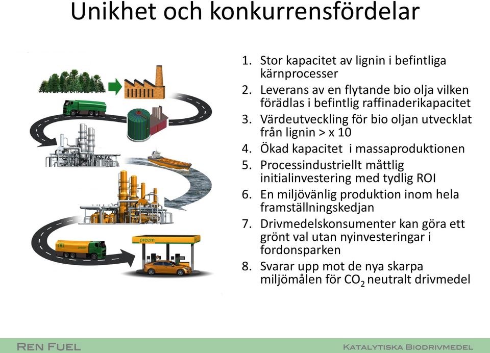 Värdeutveckling för bio oljan utvecklat från lignin > x 10 4. Ökad kapacitet i massaproduktionen 5.