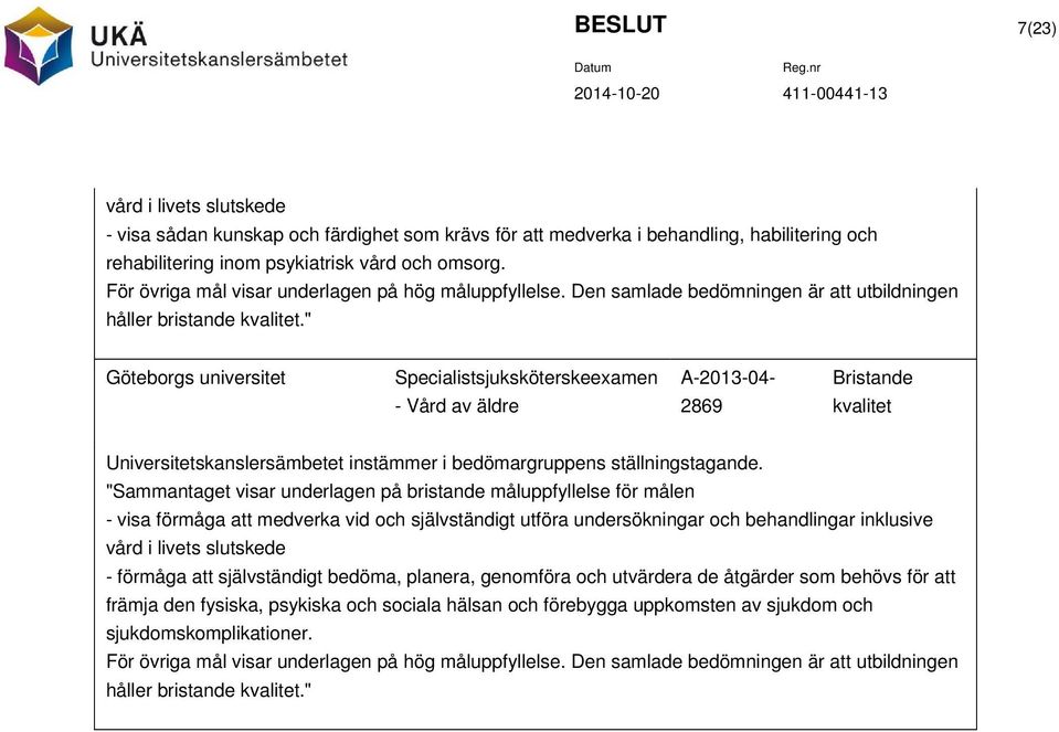 " Göteborgs universitet Specialistsjuksköterskeexamen A-2013-04- Bristande - Vård av äldre 2869 kvalitet Universitetskanslersämbetet instämmer i bedömargruppens ställningstagande.