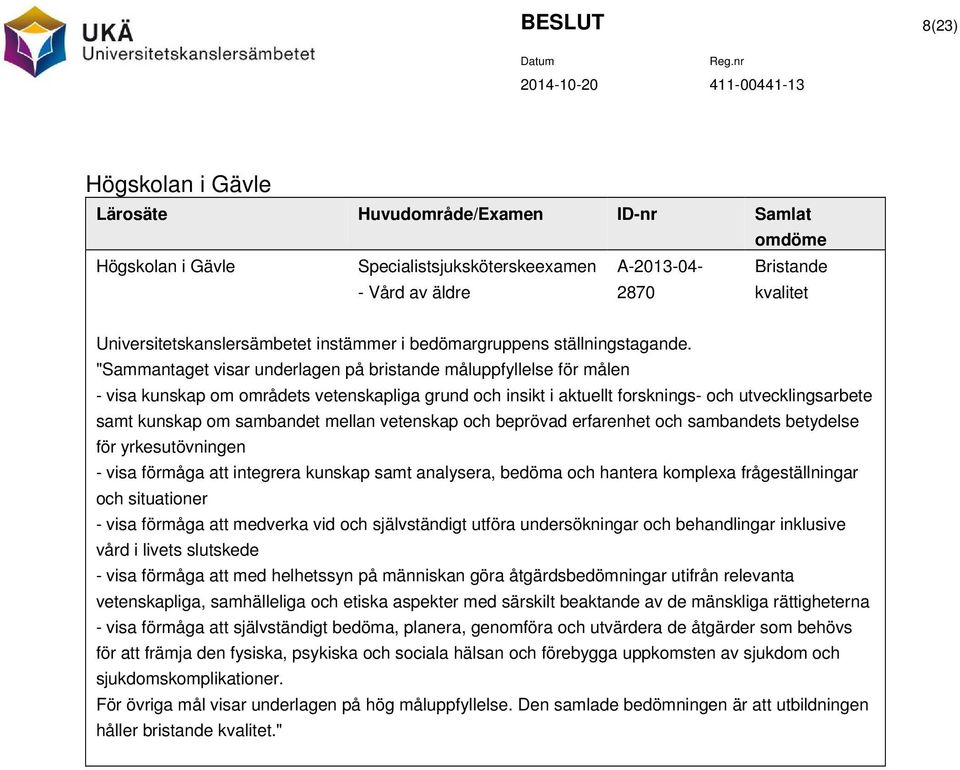 "Sammantaget visar underlagen på bristande måluppfyllelse för målen - visa kunskap om områdets vetenskapliga grund och insikt i aktuellt forsknings- och utvecklingsarbete samt kunskap om sambandet