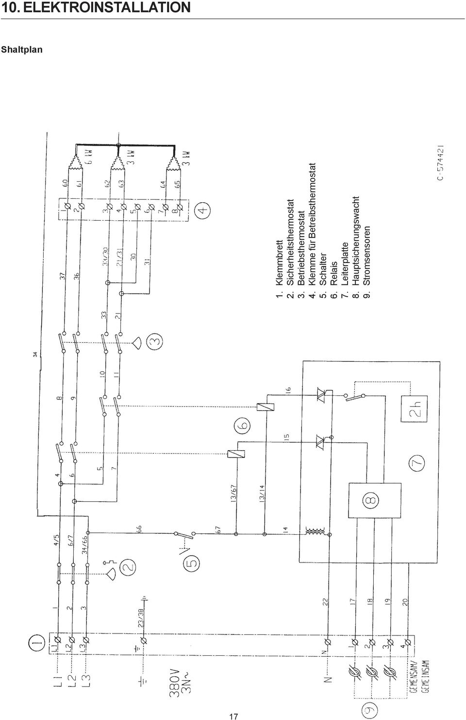 Klemme für Betreibsthermostat 5. Schalter 6.