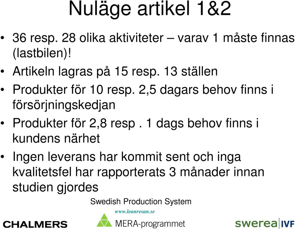 2,5 dagars behov finns i försörjningskedjan Produkter för 2,8 resp.