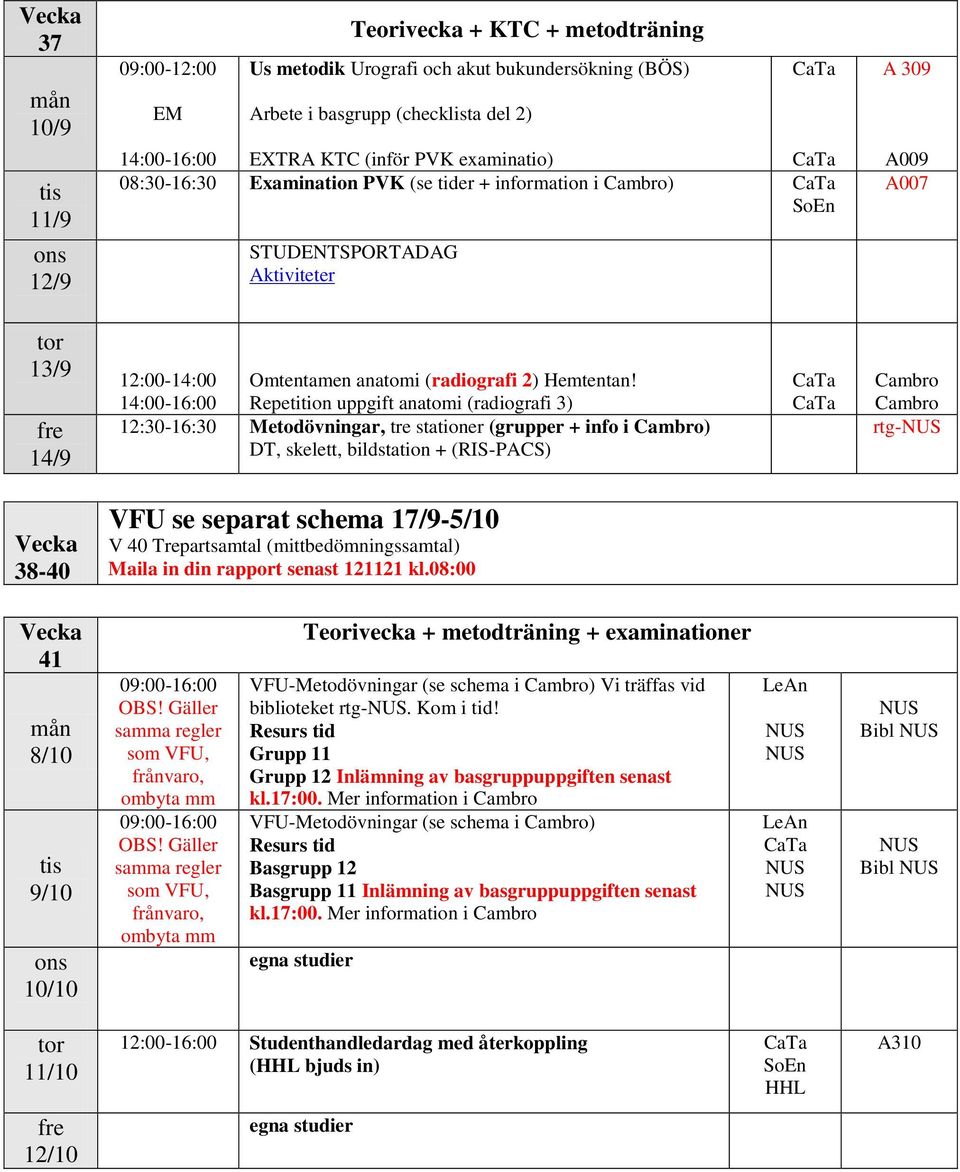 14:00-16:00 Repetition uppgift anatomi (radiografi 3) 12:30-16:30 Metodövningar, tre stationer (grupper + info i ) DT, skelett, bildstation + (RIS-PACS) rtg- 38-40 VFU se separat schema 17/9-5/10 V