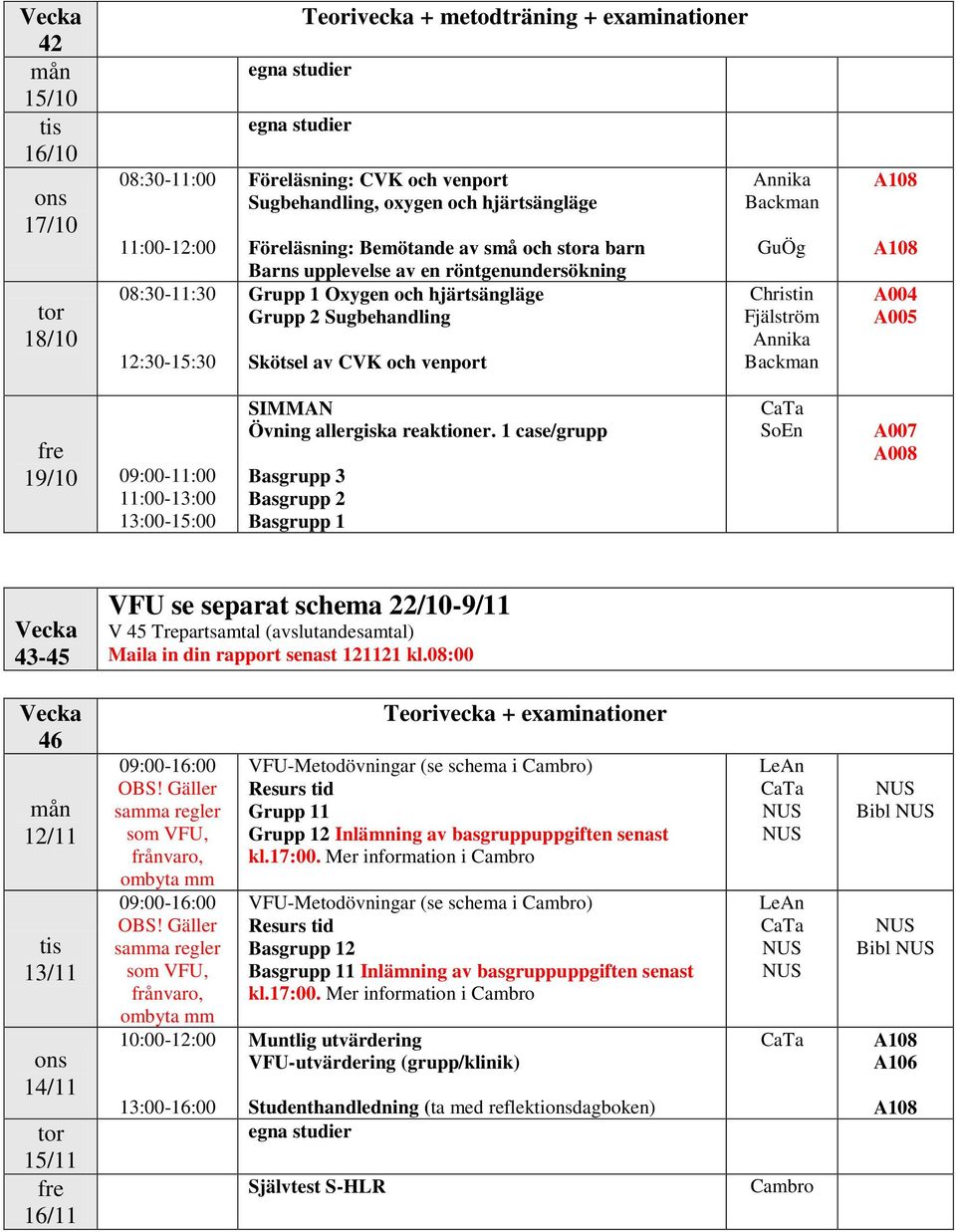 Backman A004 A005 19/10 09:00-11:00 11:00-13:00 13:00-15:00 SIMMAN Övning allergiska reaktioner.