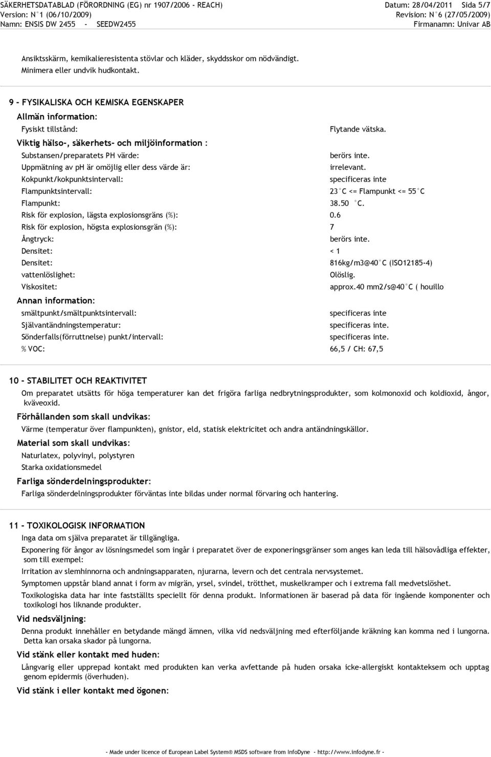 Uppmätning av ph är omöjlig eller dess värde är: irrelevant. Kokpunkt/kokpunktsintervall: specificeras inte Flampunktsintervall: 23 C <= Flampunkt <= 55 C Flampunkt: 38.50 C.