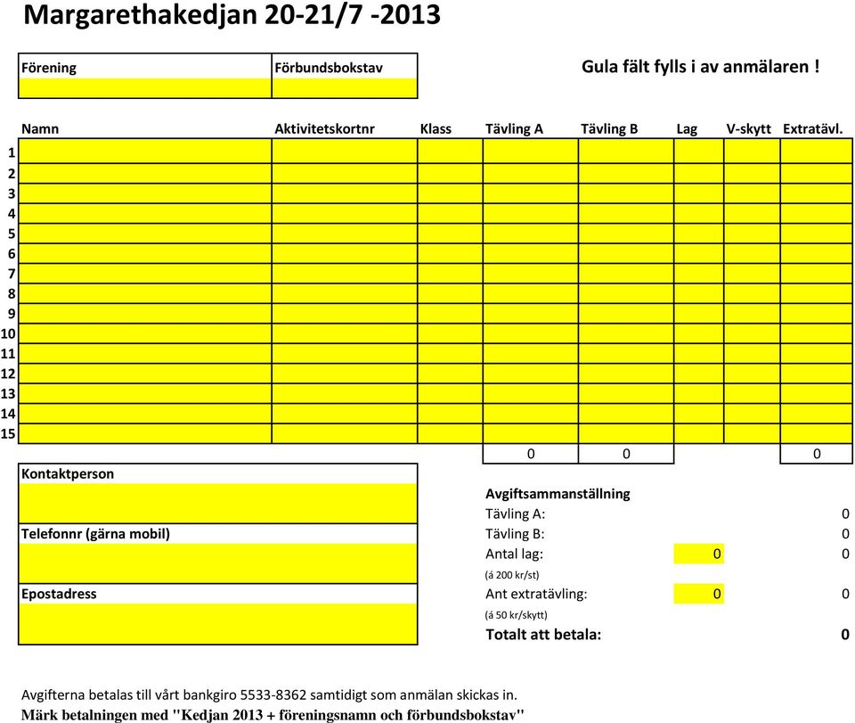 1 2 3 4 5 6 7 8 9 10 11 12 13 14 15 0 0 0 Kontaktperson Avgiftsammanställning Tävling A: 0 Telefonnr (gärna mobil) Tävling B: 0 Antal