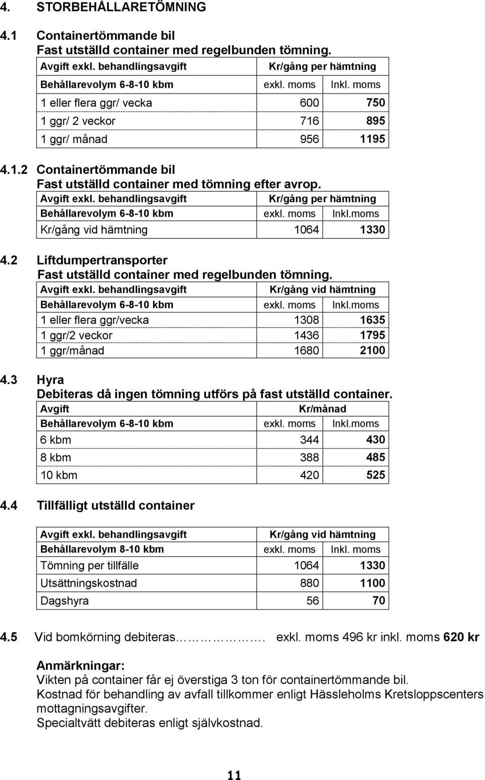 behandlingsavgift Kr/gång per hämtning Behållarevolym 6-8-10 kbm exkl. moms Inkl.moms Kr/gång vid hämtning 1064 1330 4.2 Liftdumpertransporter Fast utställd container med regelbunden tömning.