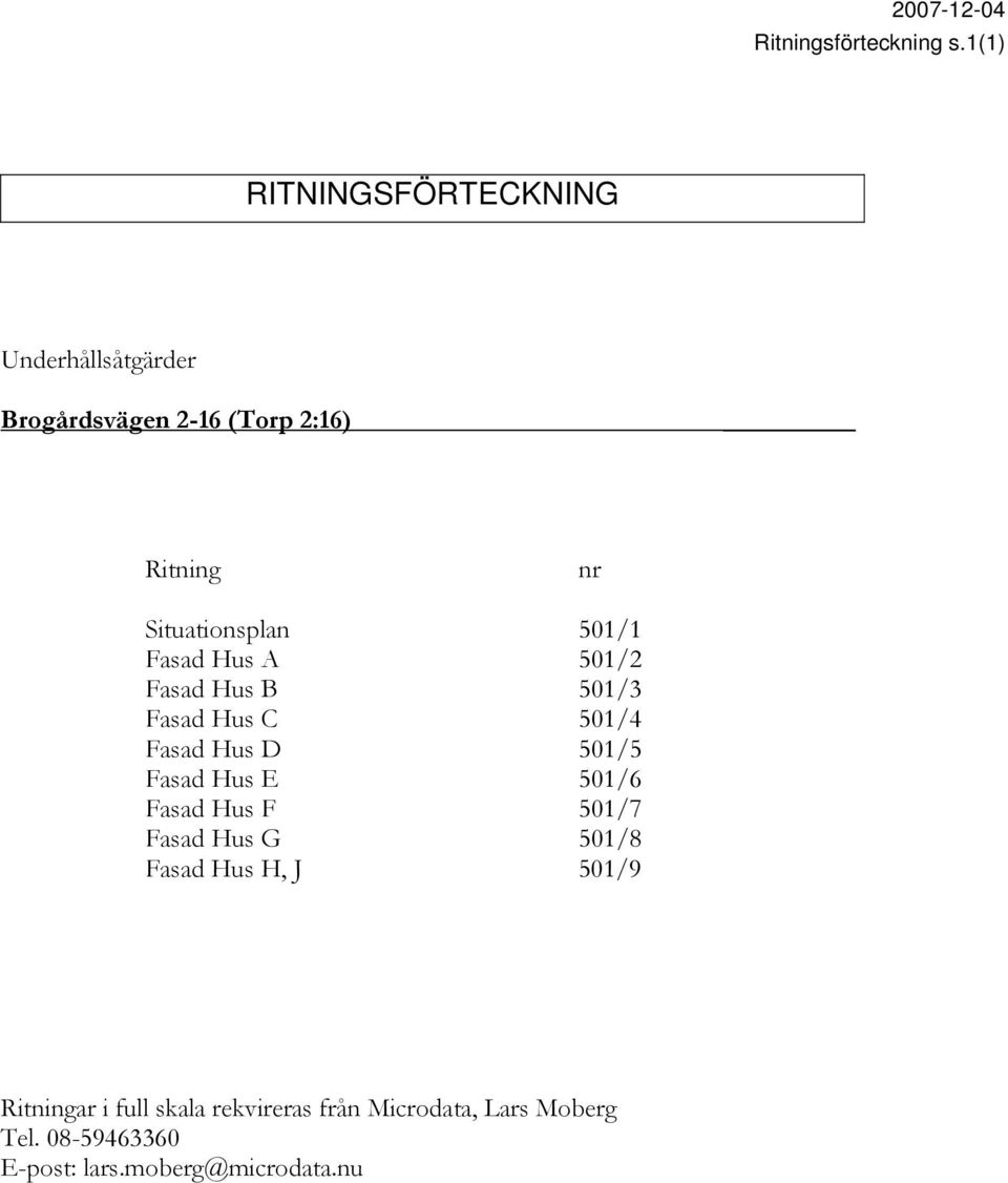 Situationsplan 501/1 Fasad Hus A 501/2 Fasad Hus B 501/3 Fasad Hus C 501/4 Fasad Hus D 501/5 Fasad