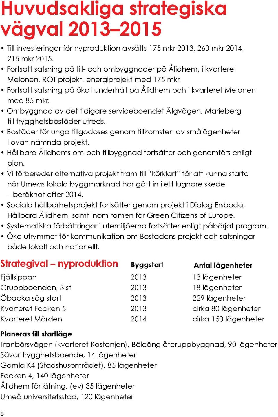 Ombyggnad av det tidigare serviceboendet Älgvägen, Marieberg till trygghetsbostäder utreds. Bostäder för unga tillgodoses genom tillkomsten av smålägenheter i ovan nämnda projekt.