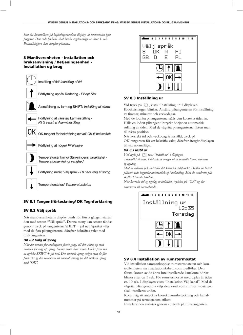 SHIFT/ Indstilling af alarm o Förflytning åt vänster/ Larminställing - Pil til venstre/ Alarmindstilling OK-tangent för bekräftning av val/ OK til bekræftels Förflytning åt höger/ Pil til højre